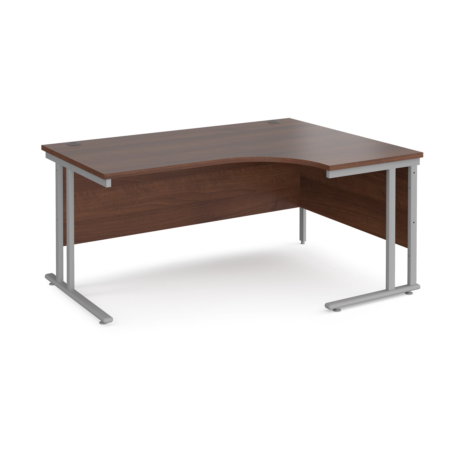 Corner office desk with wooden top and metal frame on a white background