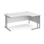 White corner desk with silver metal legs on a white background