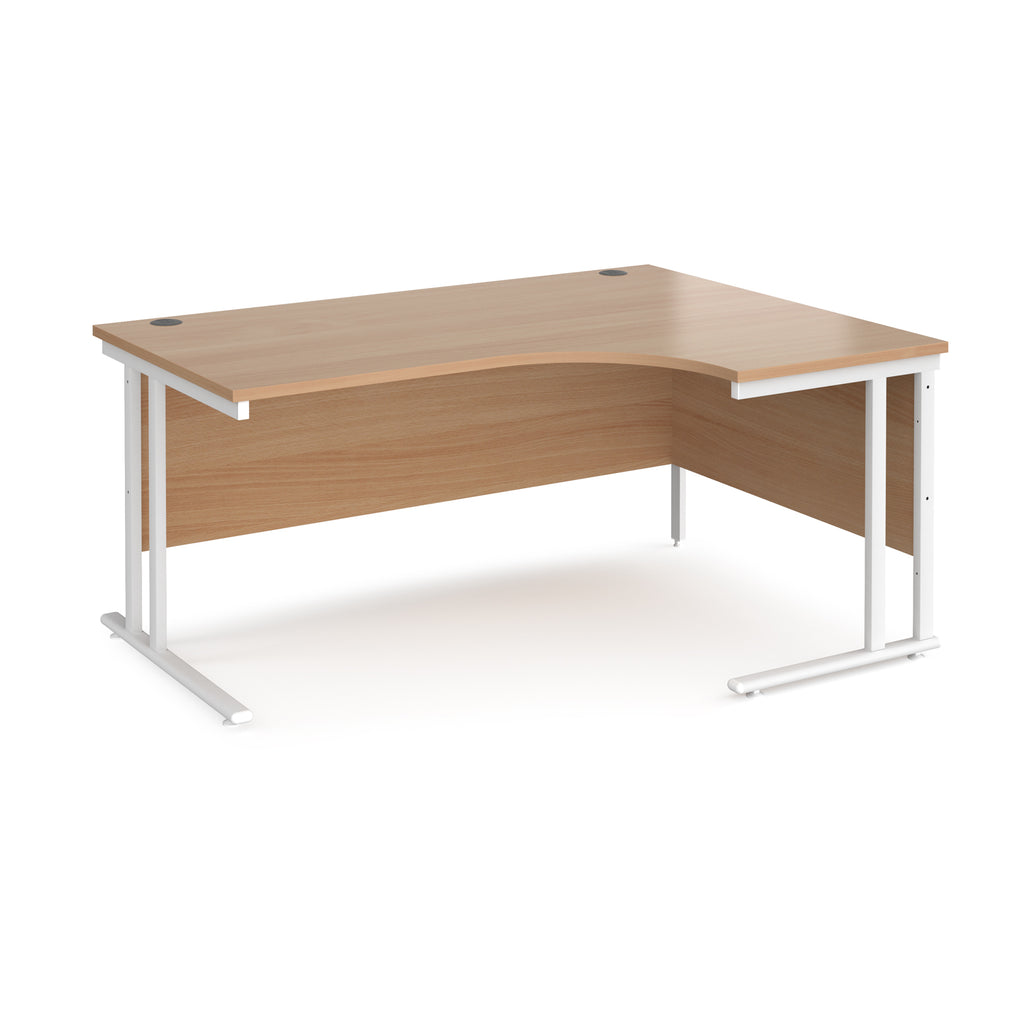 Corner office desk with wooden top and white metal legs on a white background