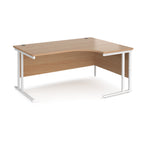 Corner office desk with wooden top and white metal legs on a white background