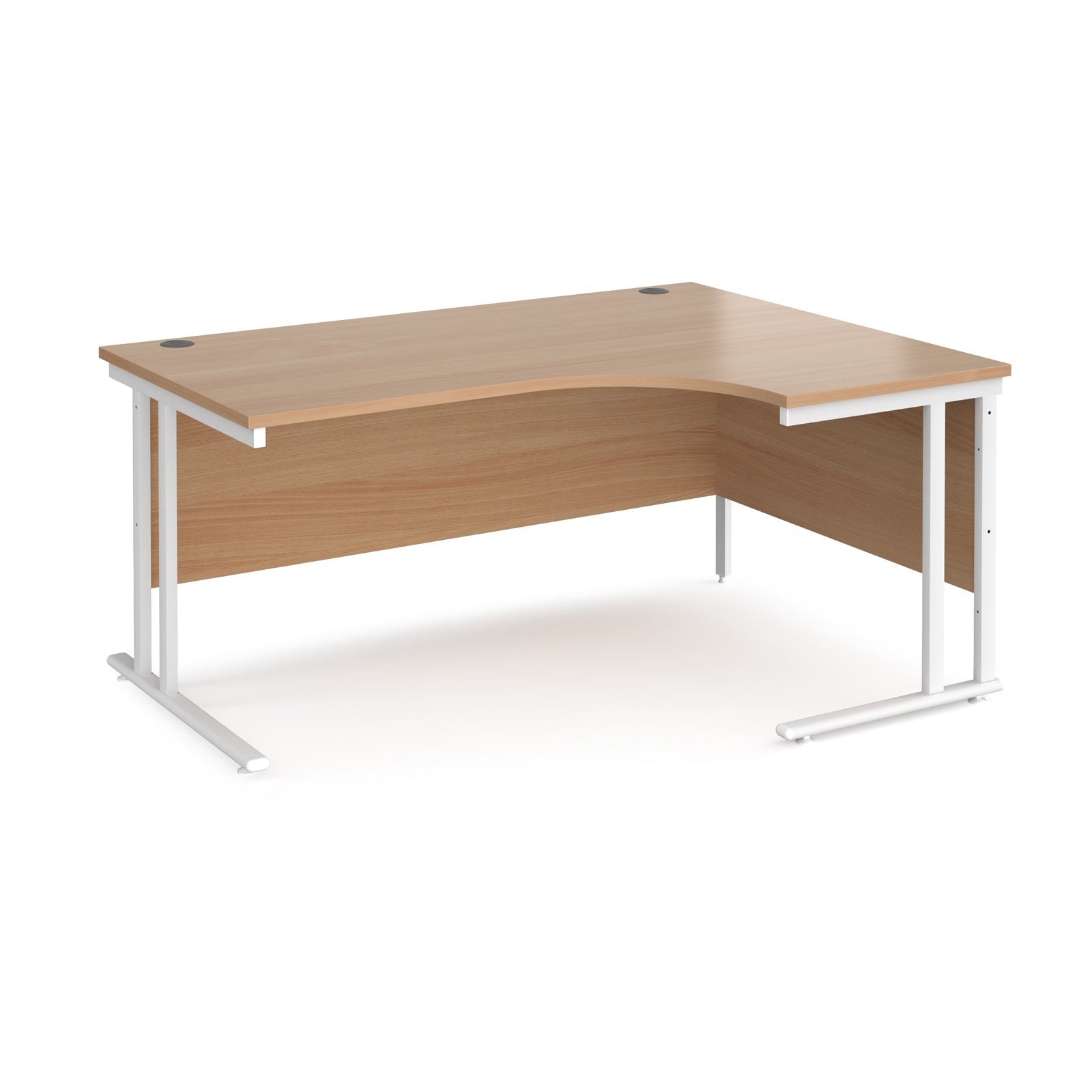 Corner office desk with wooden top and white metal legs on a white background