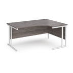 Corner office desk with wooden surface and white metal frame on a white background