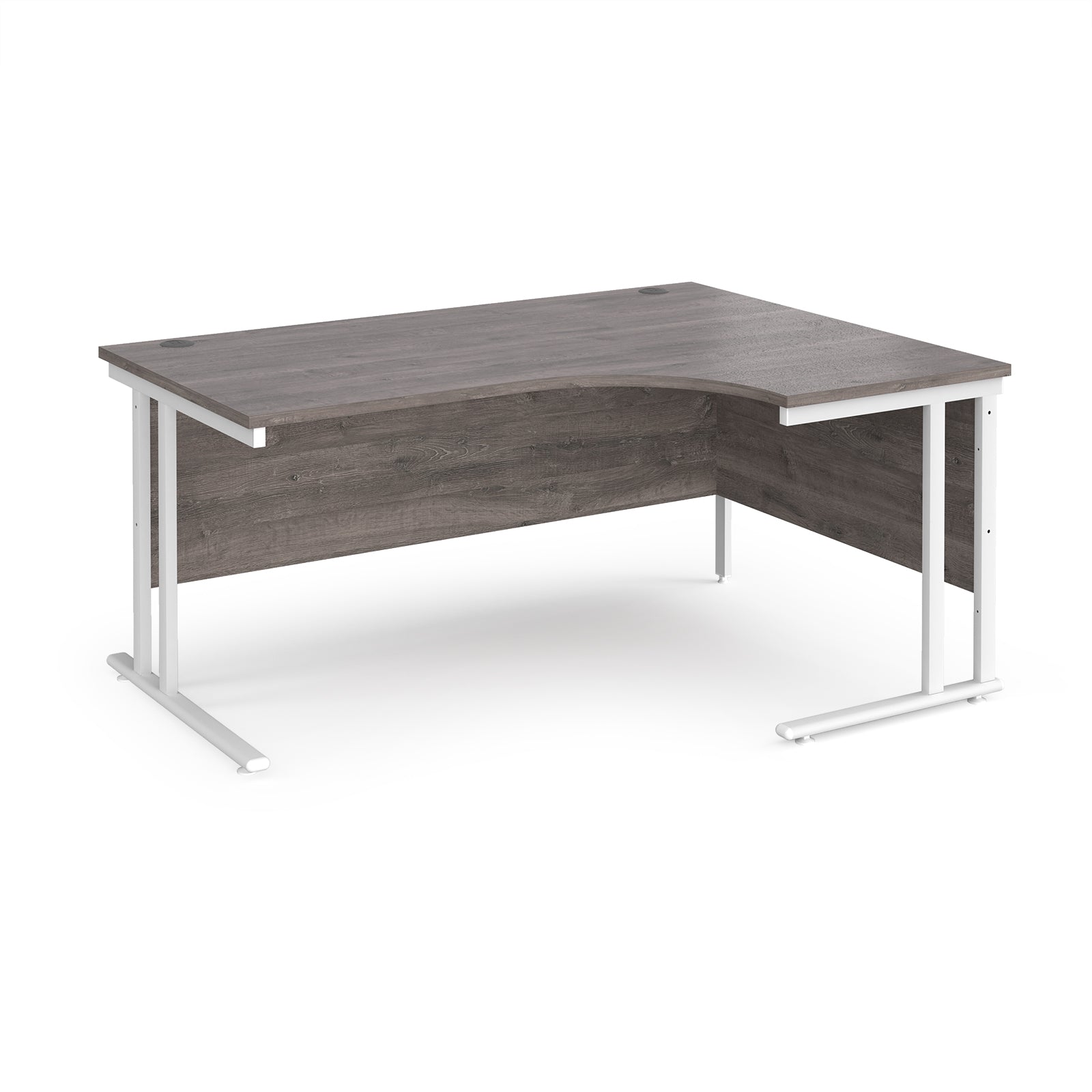 Corner office desk with wooden surface and white metal frame on a white background