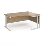 Corner office desk with wooden top and white metal frame on a white background