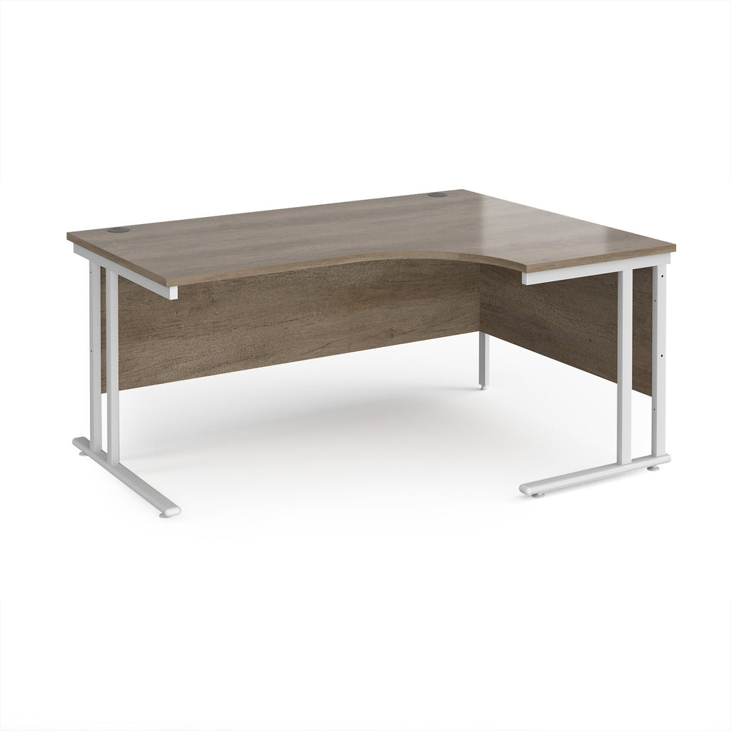 Corner office desk with wooden top and white metal frame on a white background