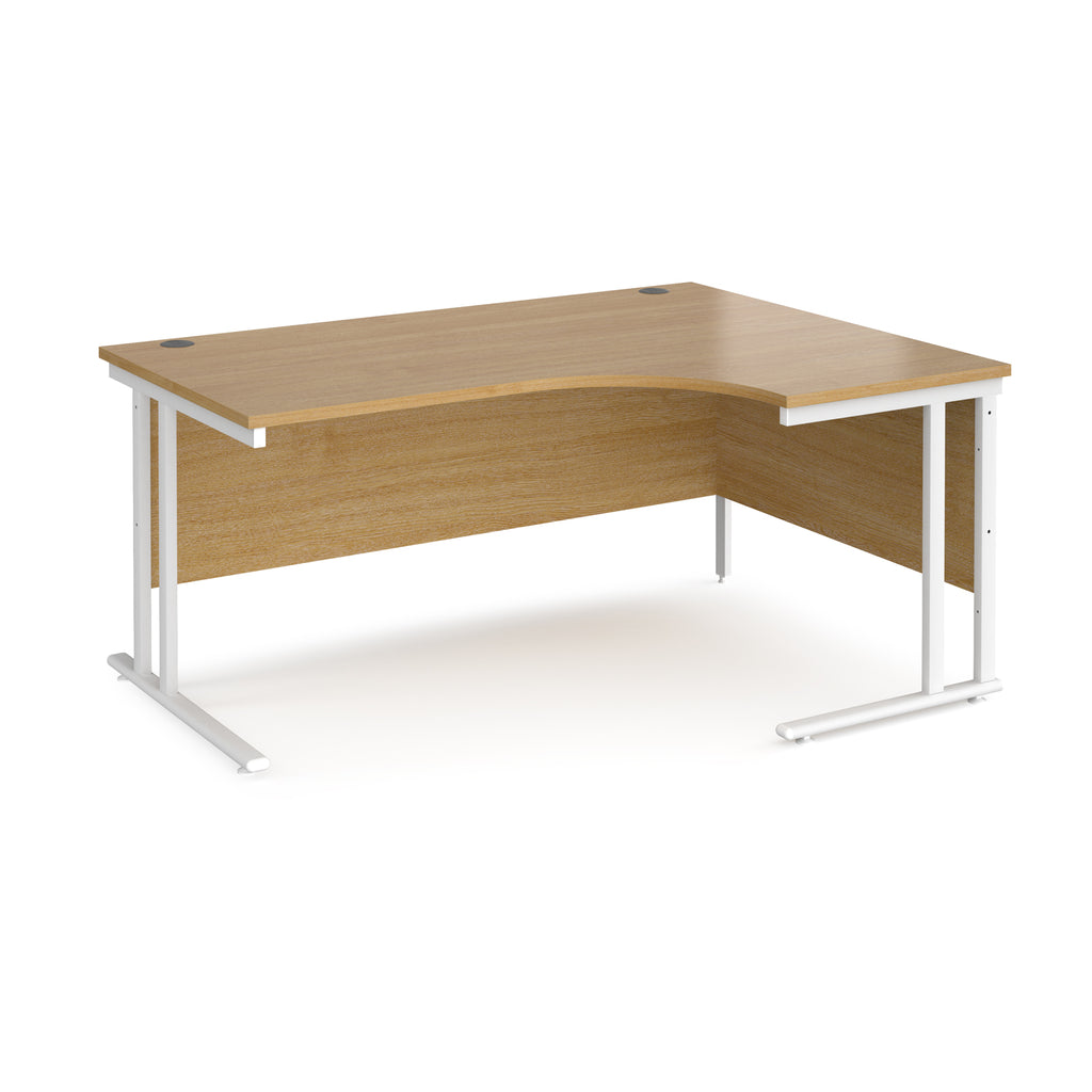 Wooden corner desk with white metal legs on a white background