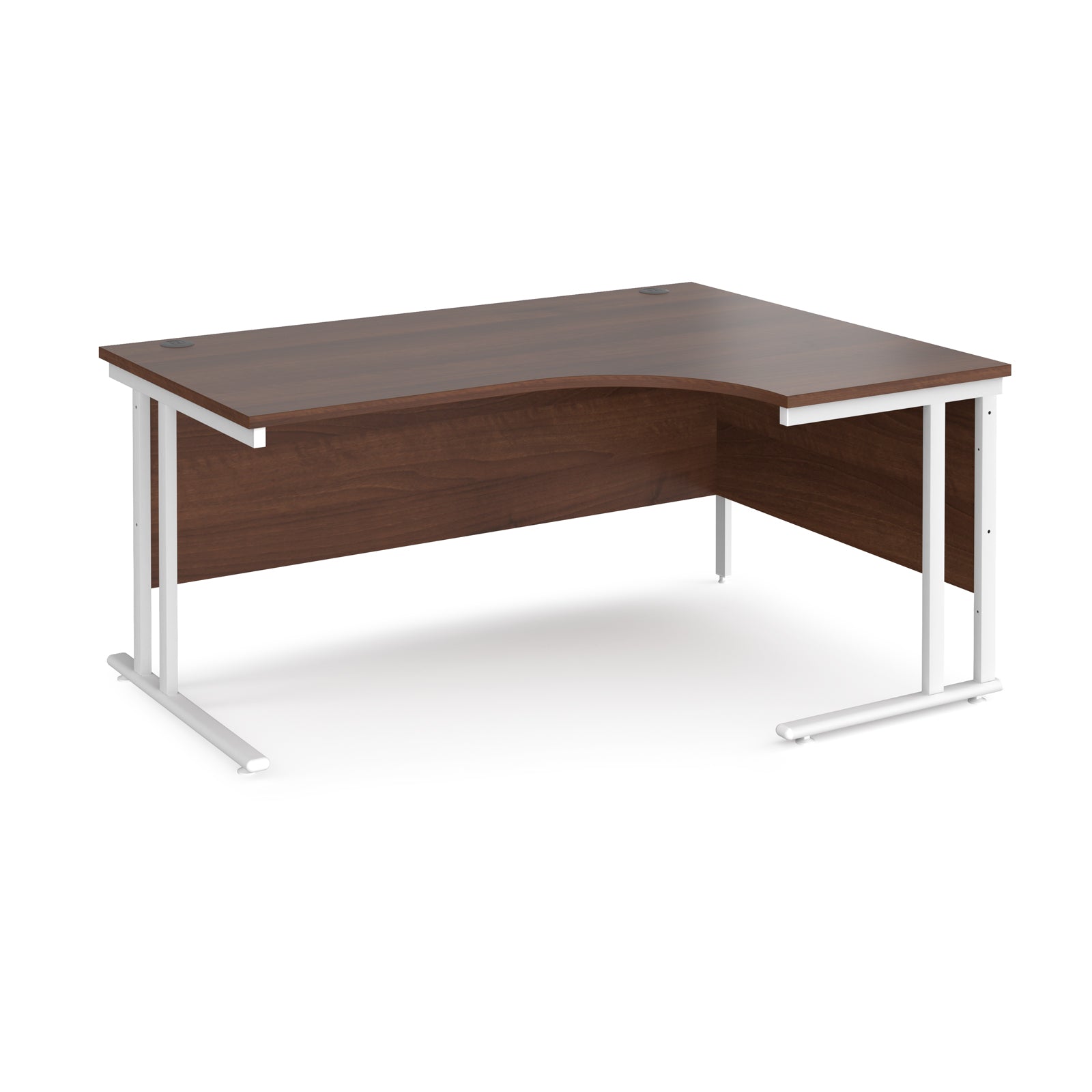 Corner office desk with dark wood top and white metal frame on a white background