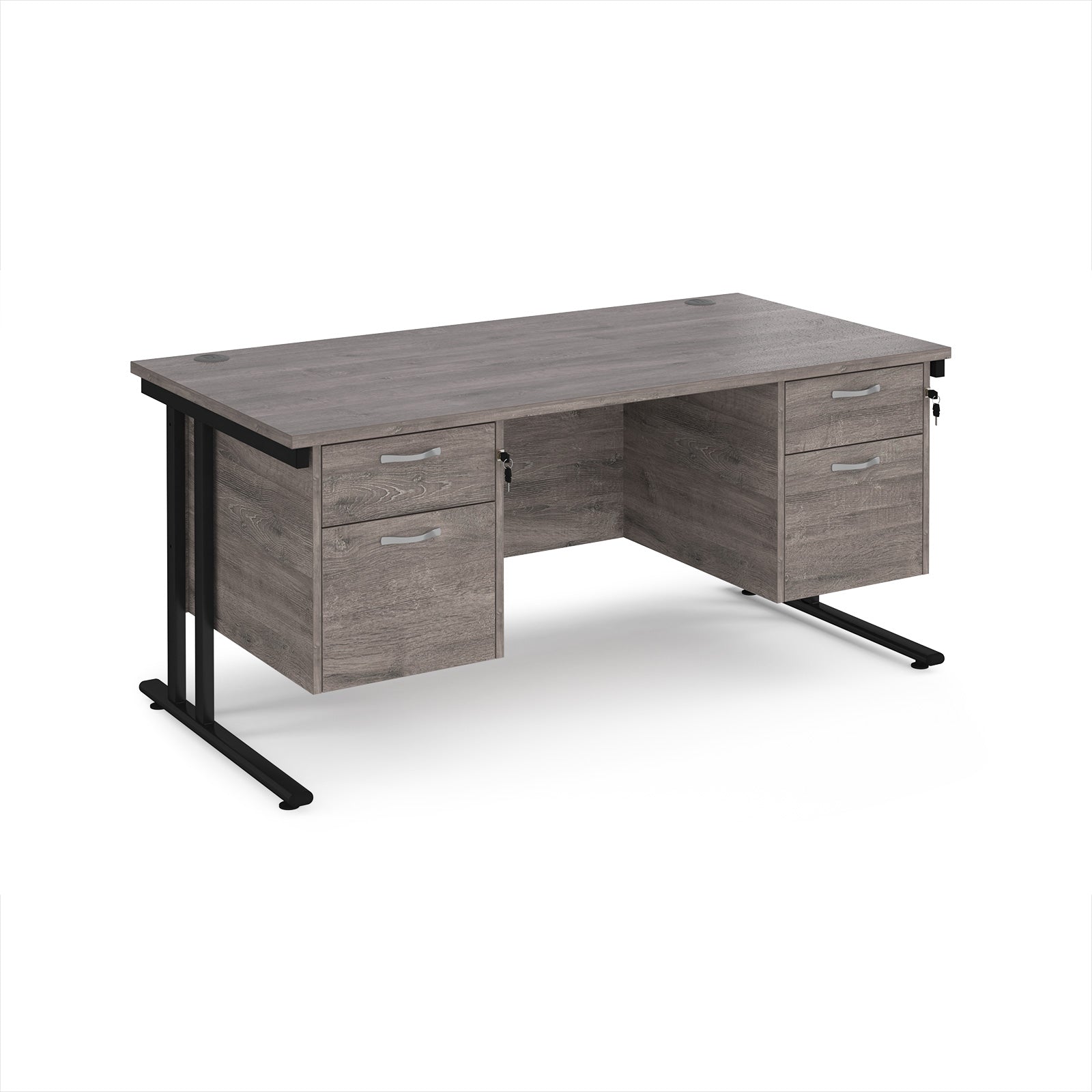 Office desk with grey wood-effect top and two matching pedestals with black frame on a white background