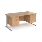 Office desk with wood-effect top and two matching pedestals with silver frame on a white background