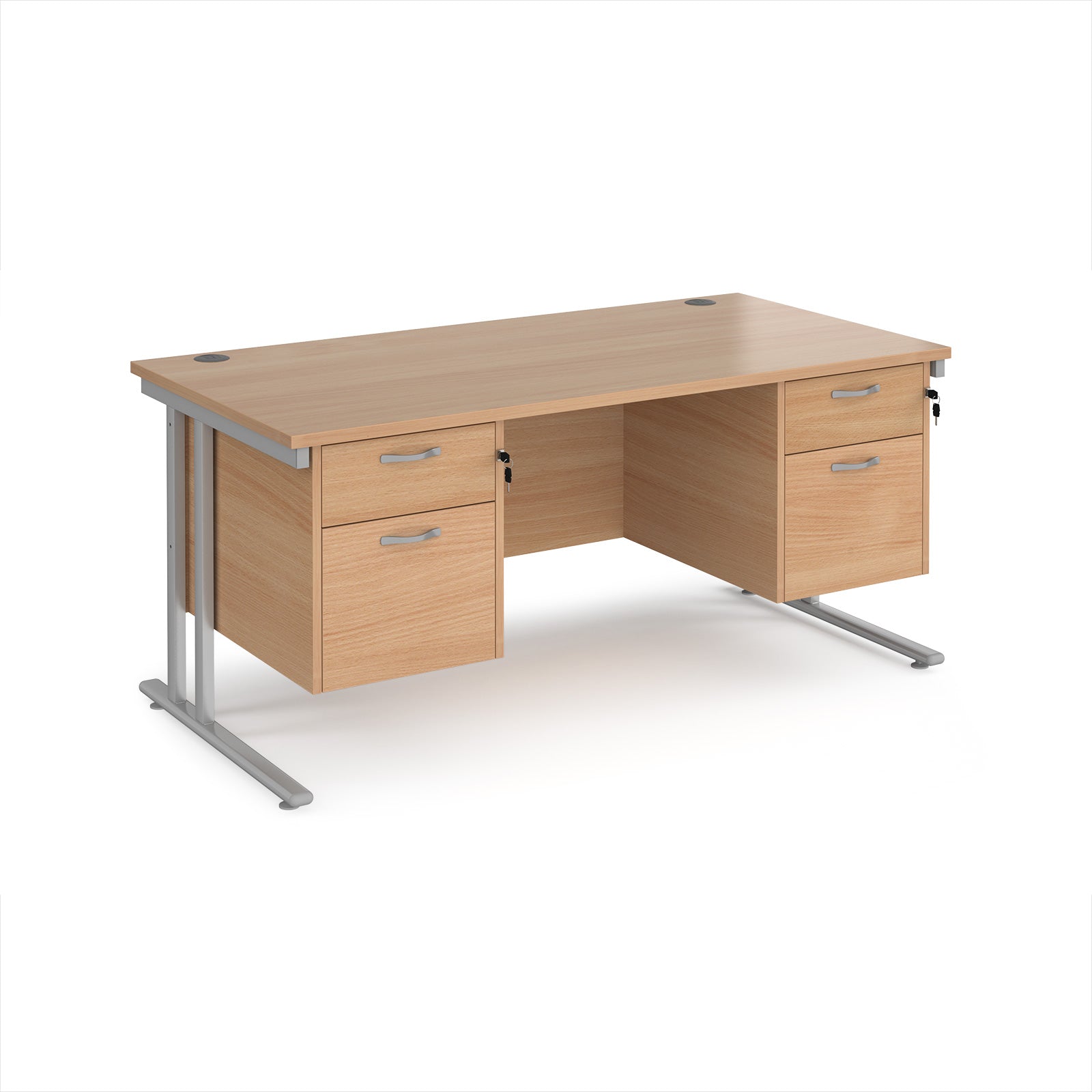 Office desk with wood-effect top and two matching pedestals with silver frame on a white background