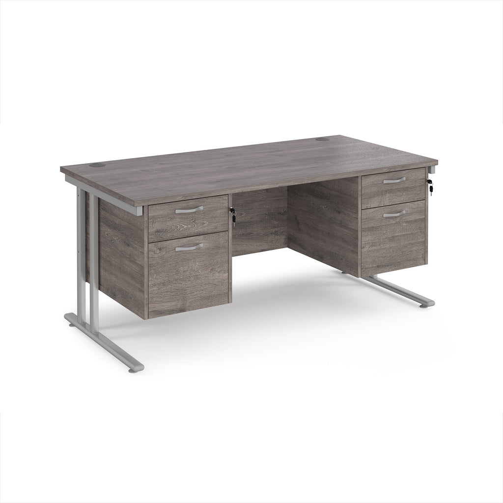 Office desk with grey wood-effect top and two matching pedestals with silver frame on a white background
