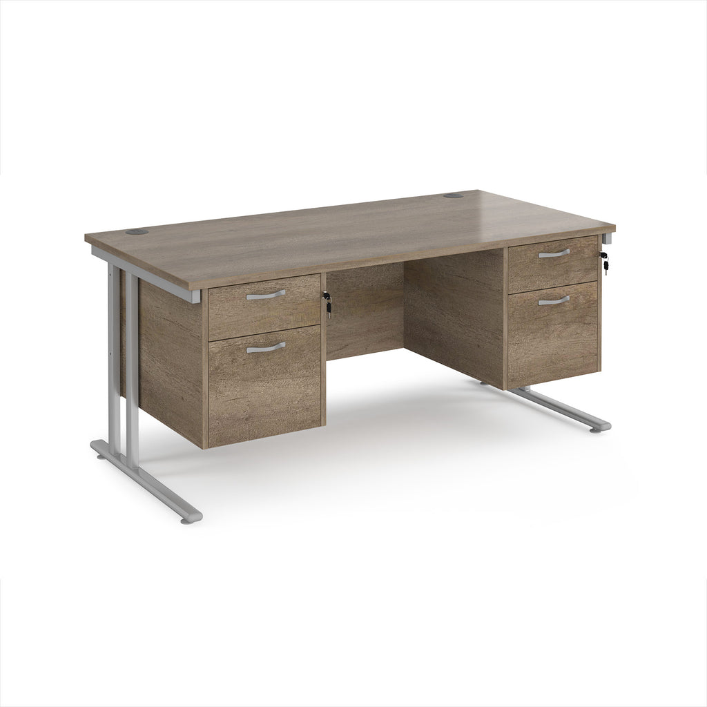 Office desk with wood-effect top and two matching pedestals with silver frame on a white background