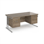 Office desk with wood-effect top and two matching pedestals with silver frame on a white background