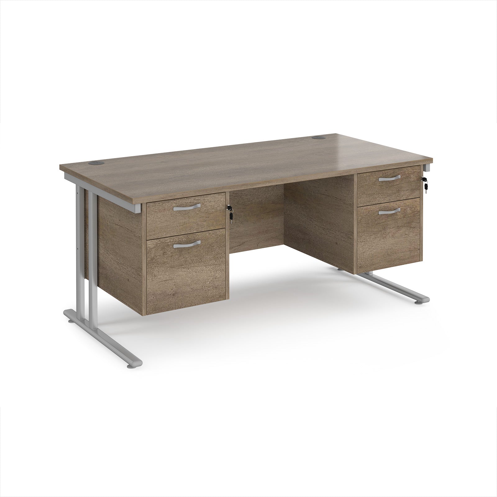 Office desk with wood-effect top and two matching pedestals with silver frame on a white background