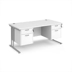 Office desk with white top and two matching pedestals with silver frame on a white background