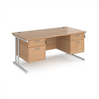 Office desk with wood-effect top and two matching pedestals with white frame on a white background