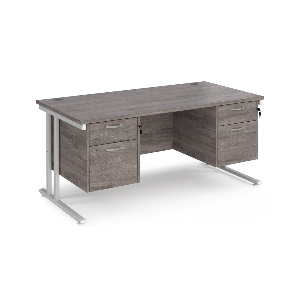 Office desk with grey wood-effect top and two matching pedestals with white frame on a white background