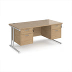 Office desk with wood-effect top and two matching pedestals with white frame on a white background