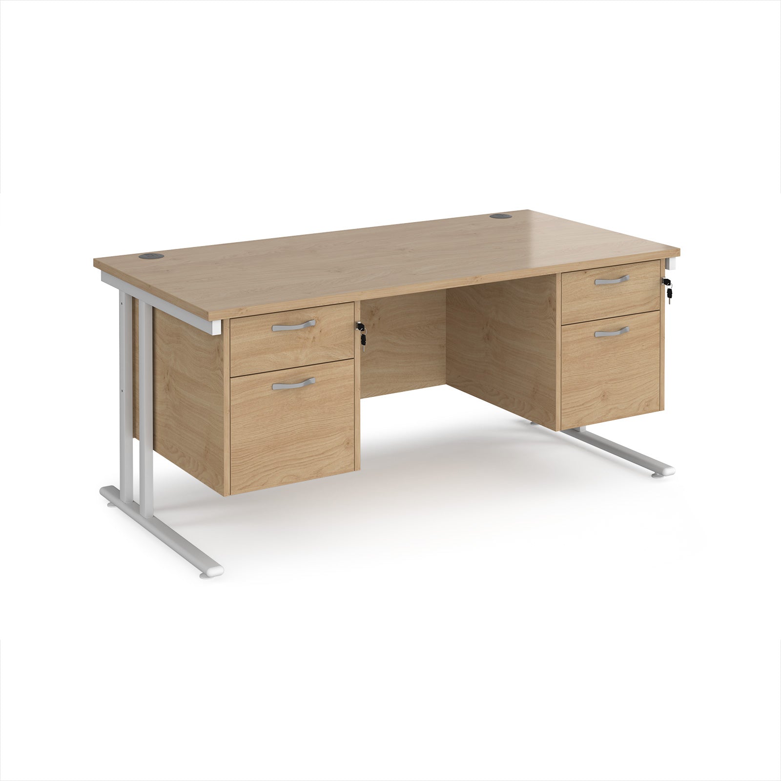 Office desk with wood-effect top and two matching pedestals with white frame on a white background