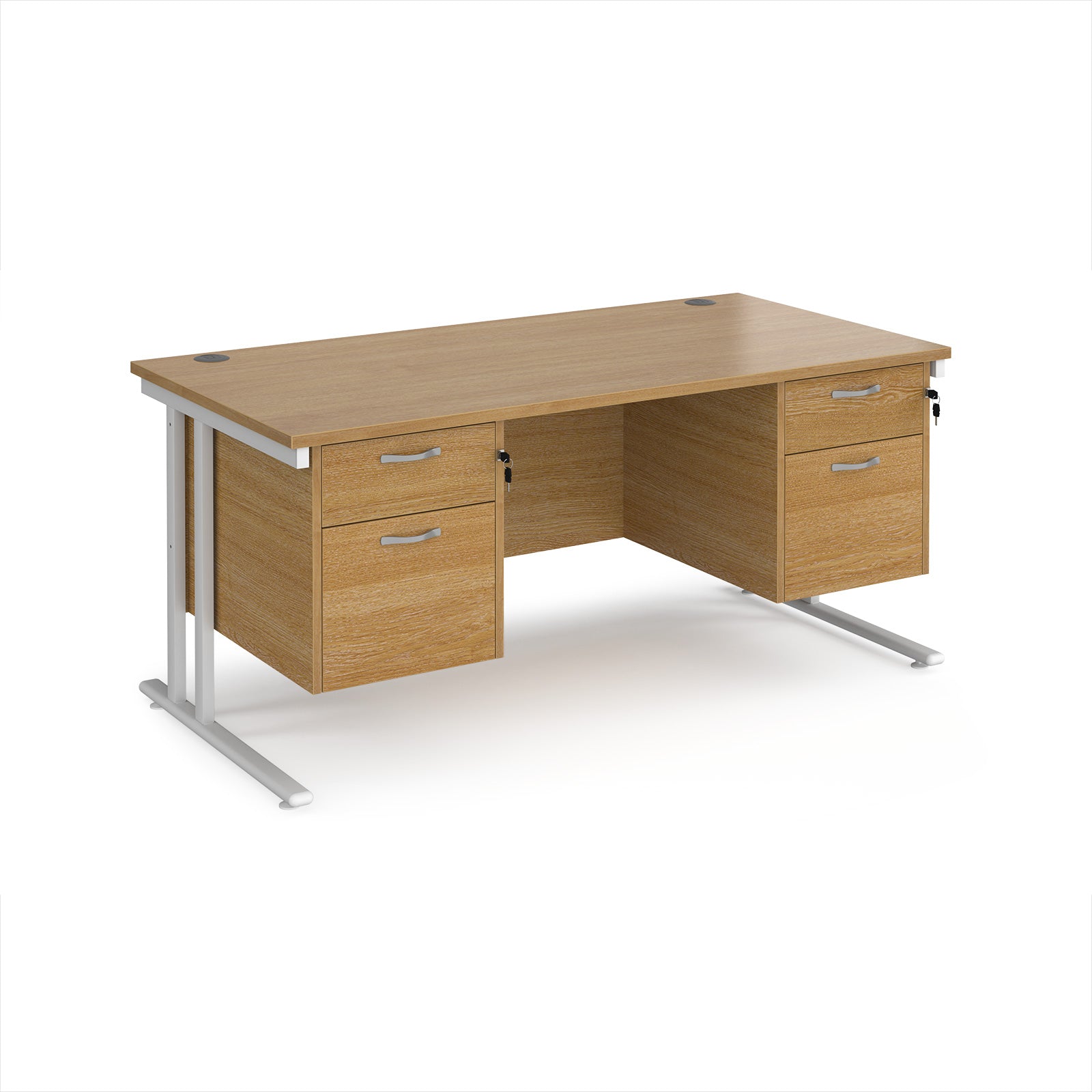 Office desk with wood-effect top and two matching pedestals with white frame on a white background