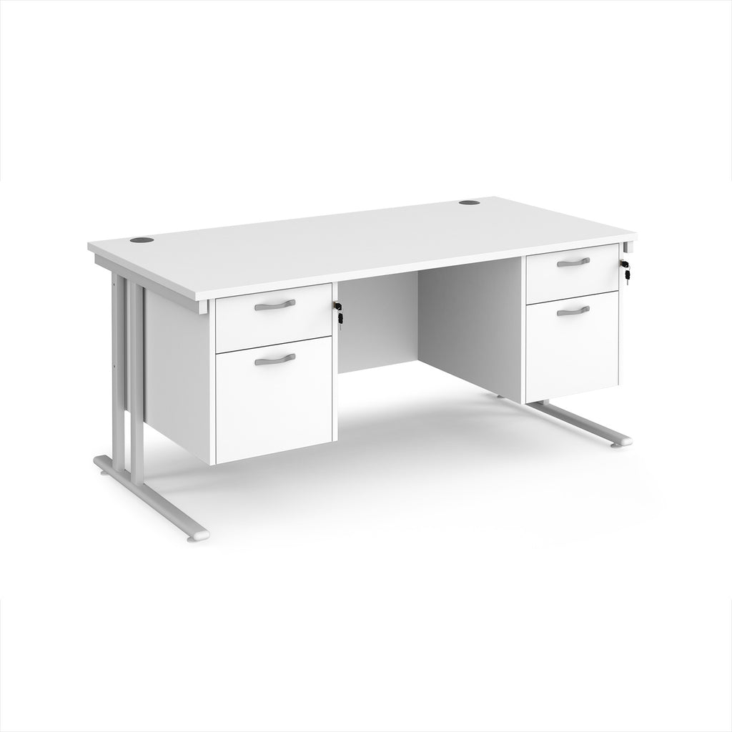 White office desk with two pedestals and metal frame on a white background
