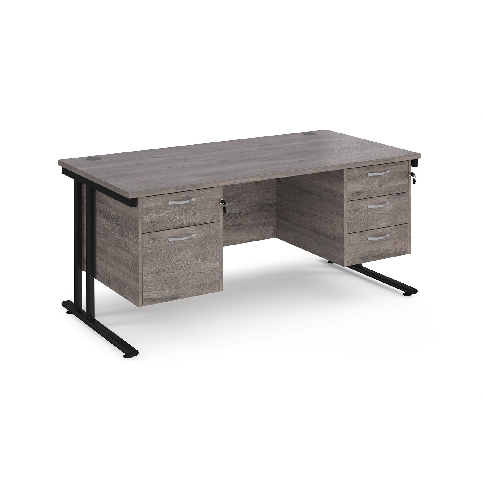 Office desk with grey wood-effect top and two matching pedestals with black frame on a white background