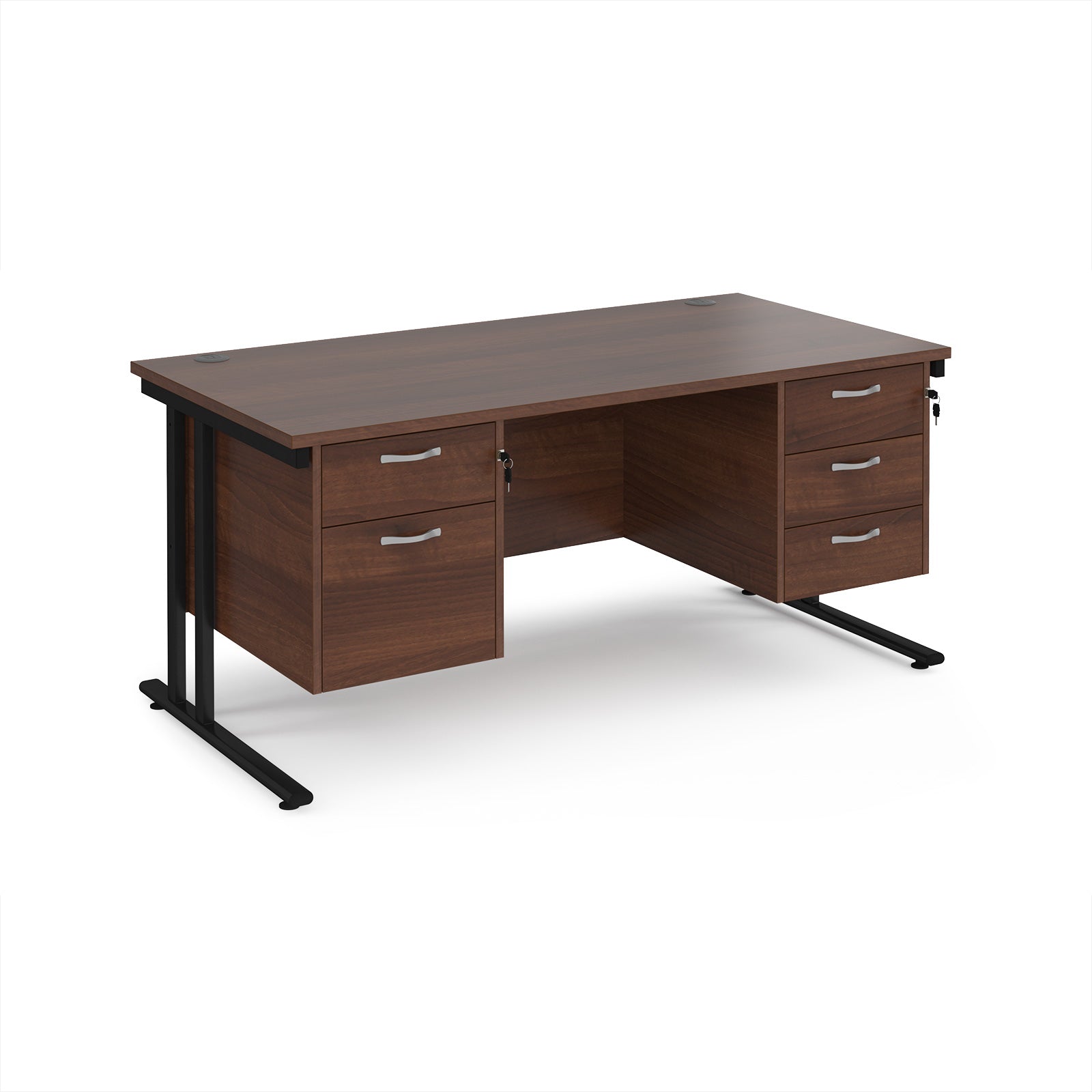 Office desk with wood-effect top and two matching pedestals with black frame on a white background