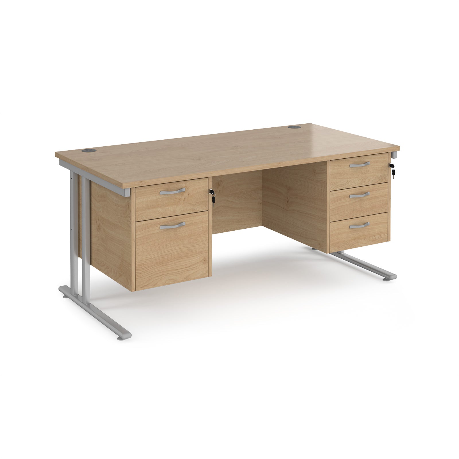 Office desk with wood-effect top and two matching pedestals with silver frame on a white background