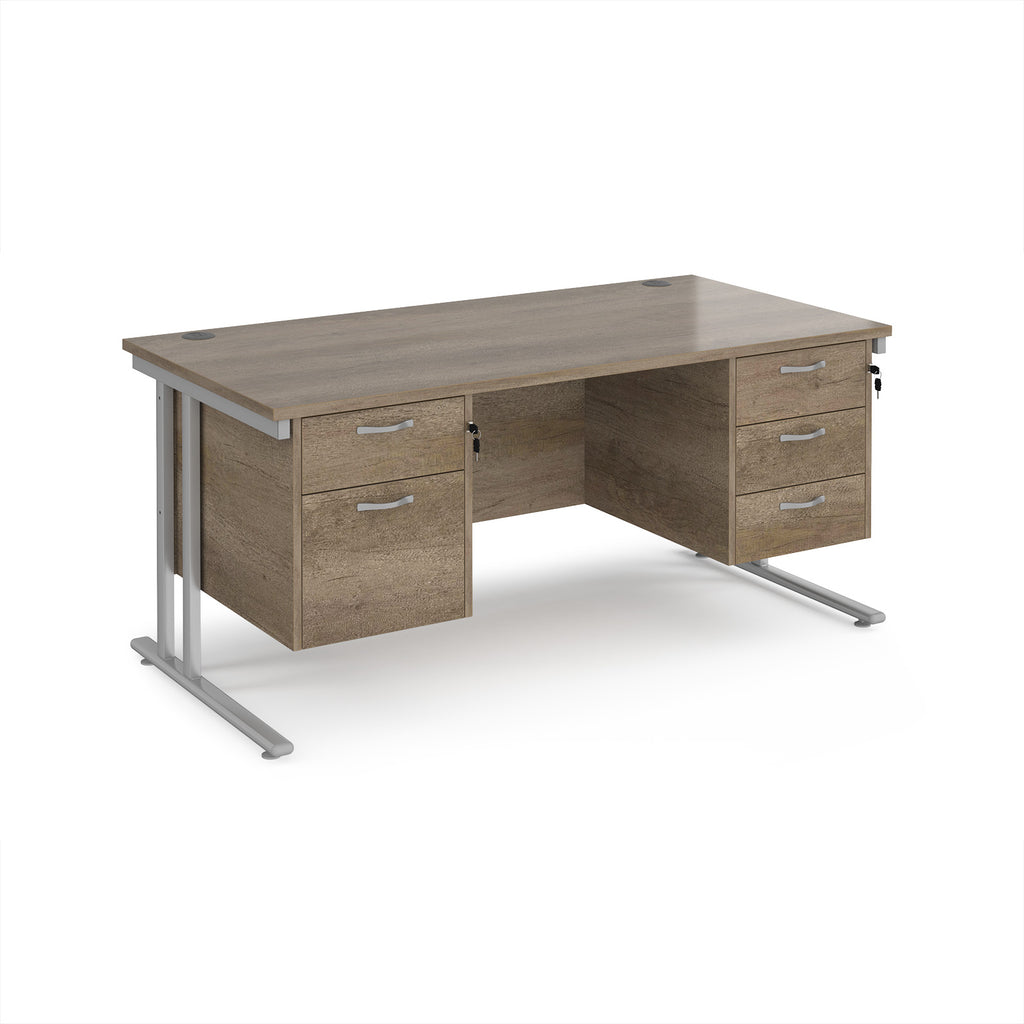 Office desk with wood-effect top and two matching pedestals with silver frame on a white background