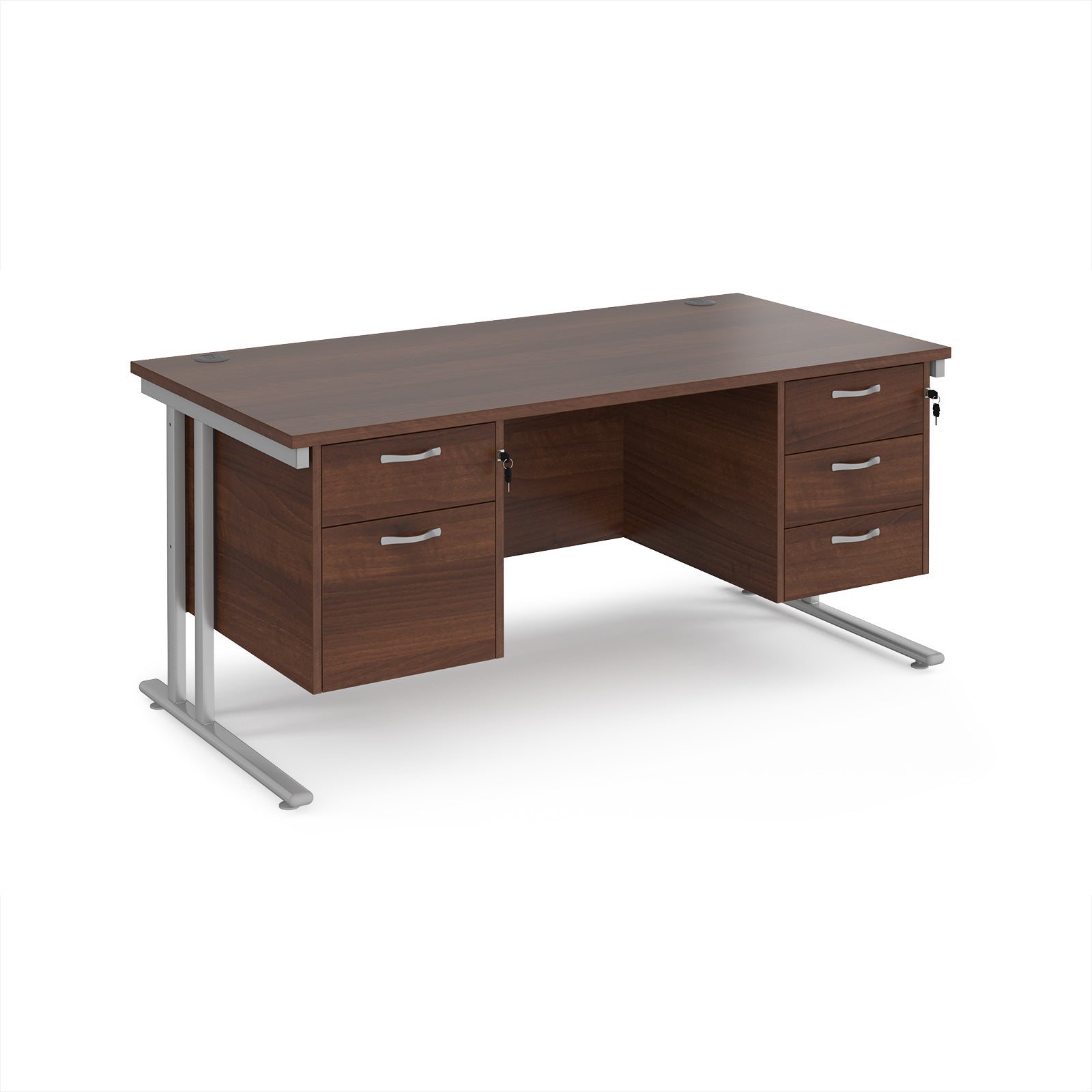 Office desk with wood-effect top and two matching pedestals with silver frame on a white background