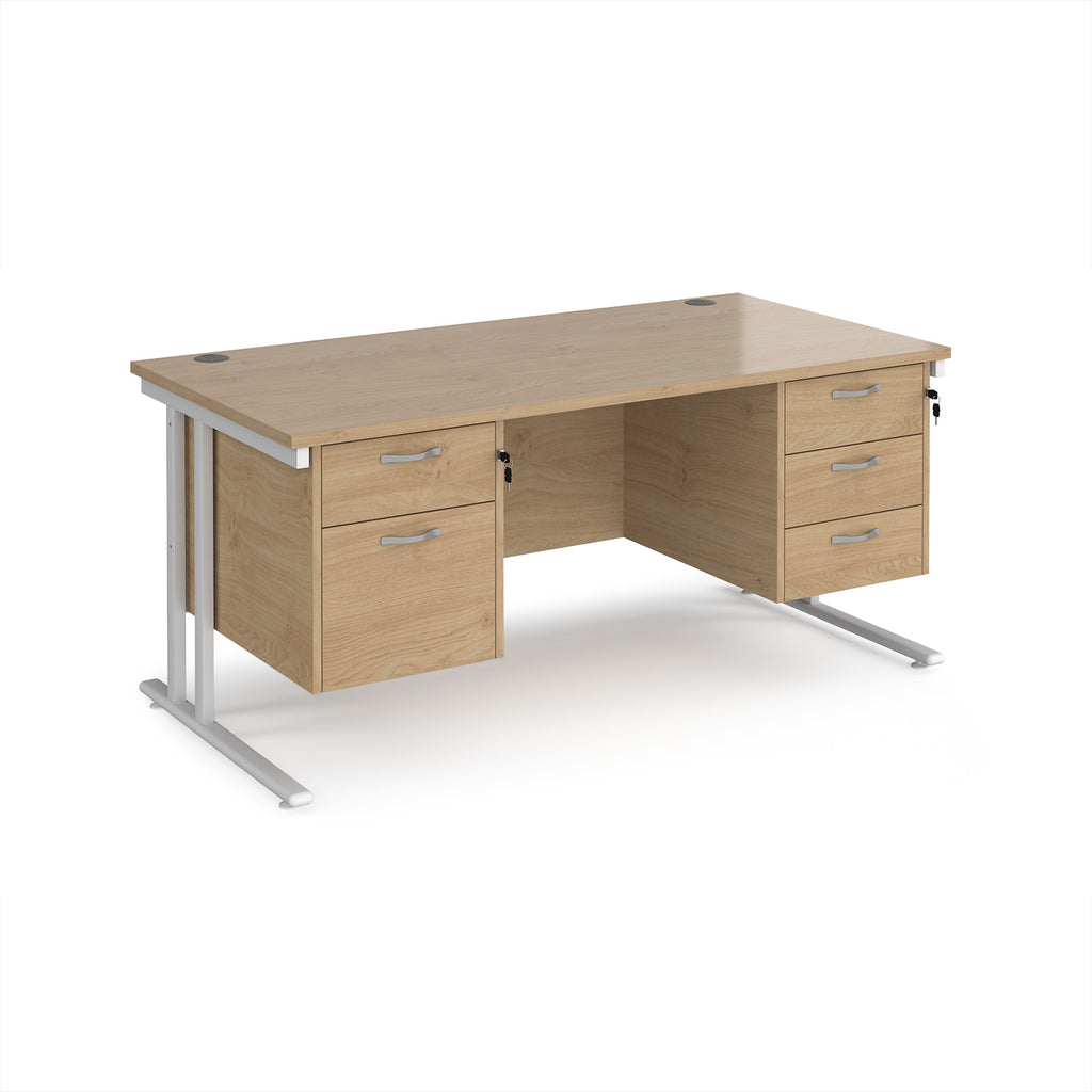 Office desk with wood-effect top and two matching pedestals with white frame on a white background