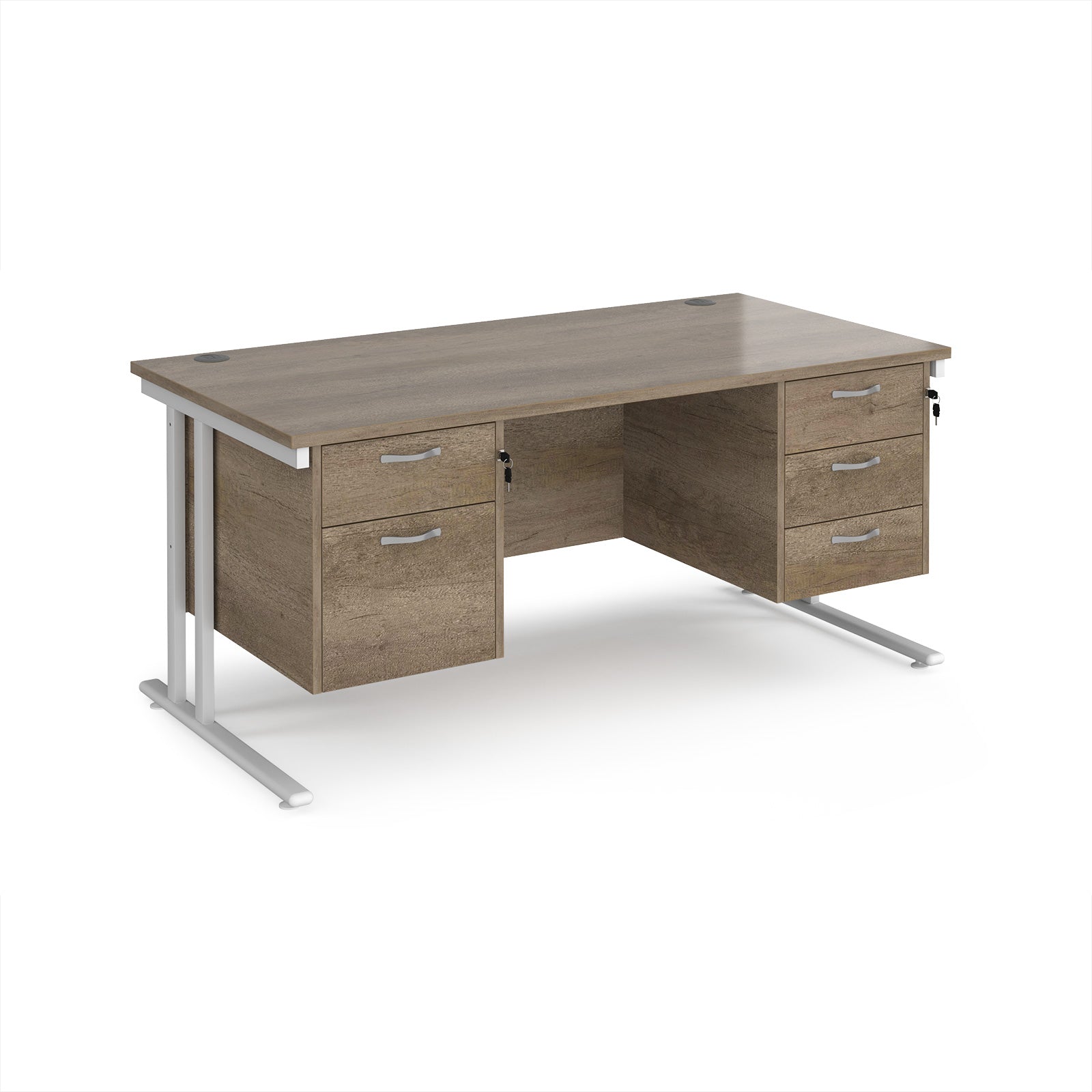 Office desk with wood-effect top and two matching pedestals with white frame on a white background