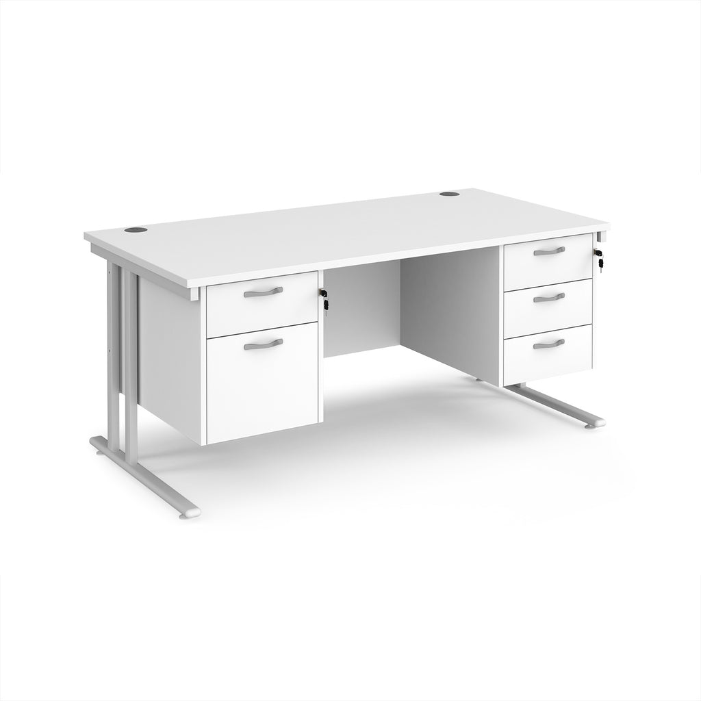 White office desk with two pedestals and metal frame on a white background