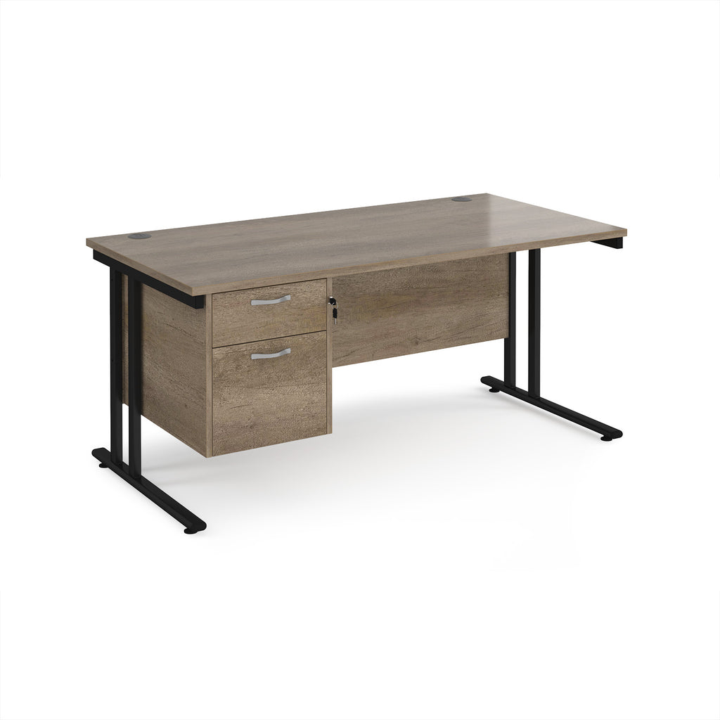 Wooden office desk with two drawers and black legs on a white background