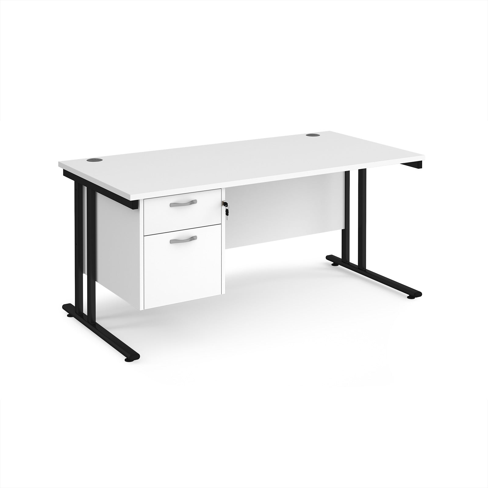 White office desk with black legs and fixed pedestal on a white background