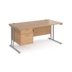 Wooden office desk with silver legs and fixed pedestal on a white background