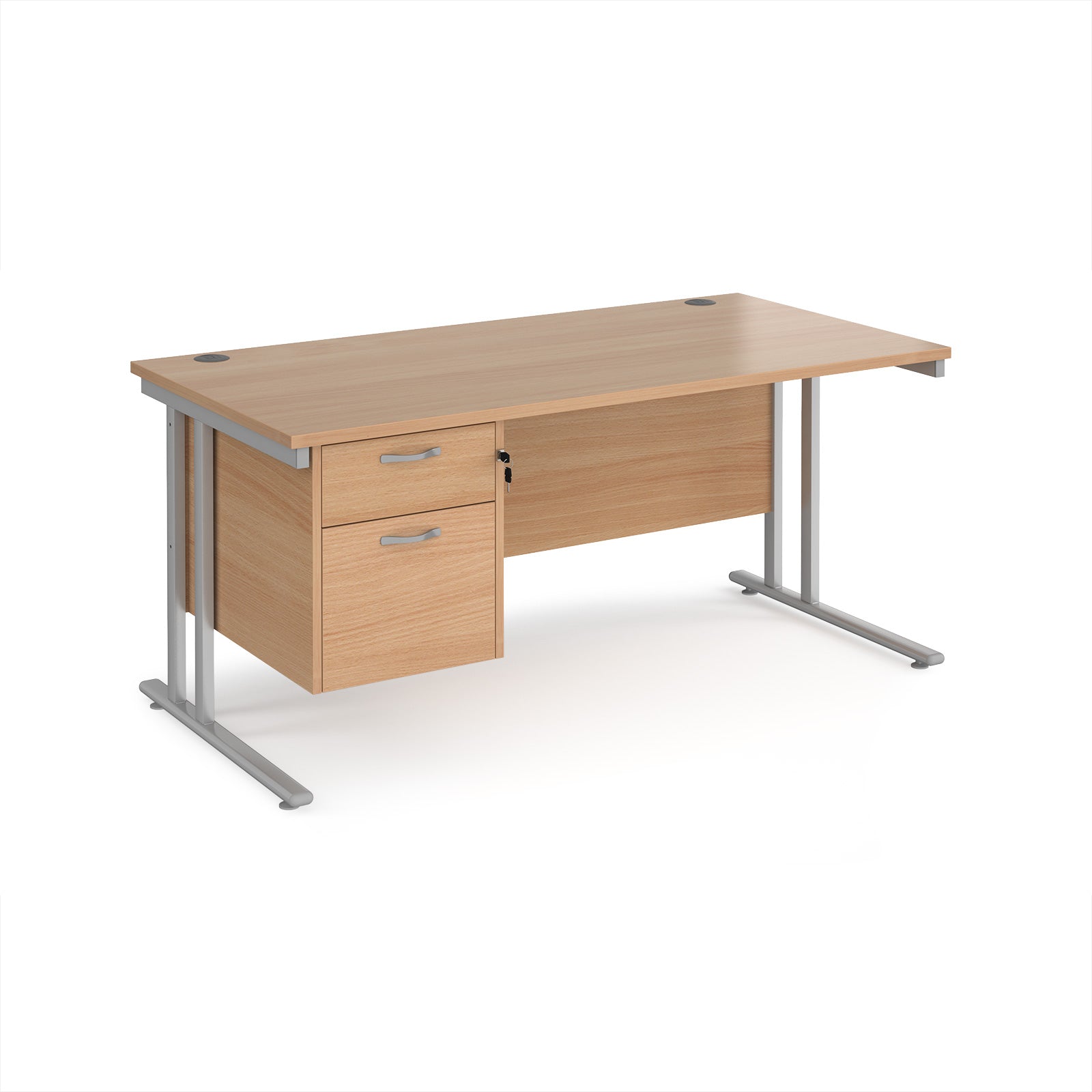 Wooden office desk with silver legs and fixed pedestal on a white background