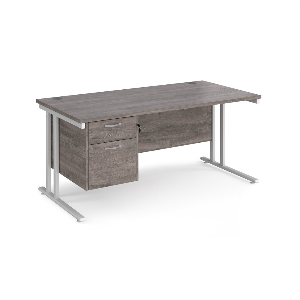 Wooden office desk with two drawers and metal legs on a white background