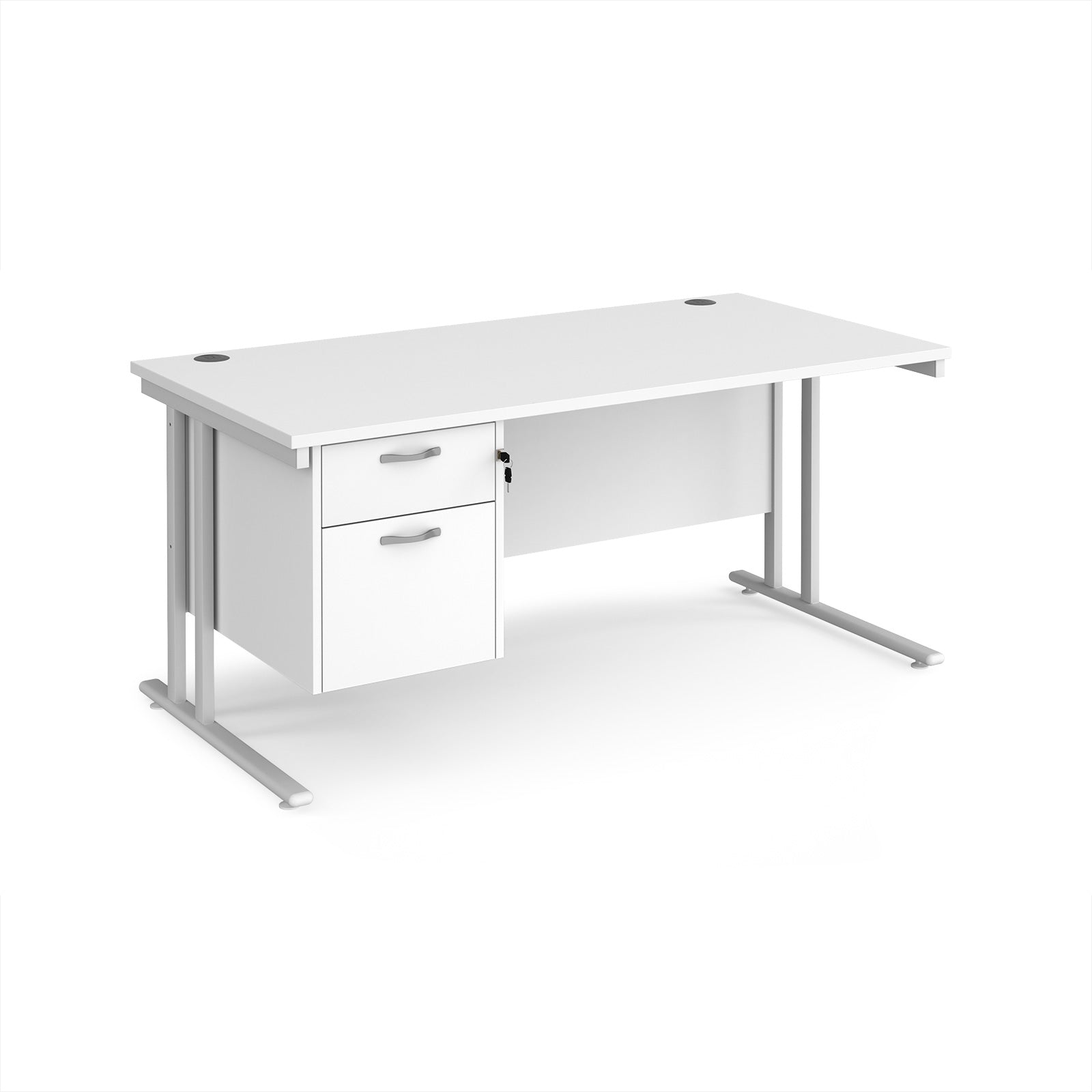 Wooden office desk with two drawers and metal legs on a white background