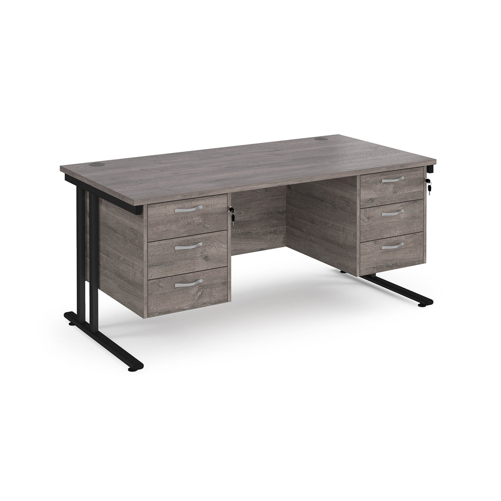 Office desk with grey wood-effect top and two matching pedestals with black frame on a white background