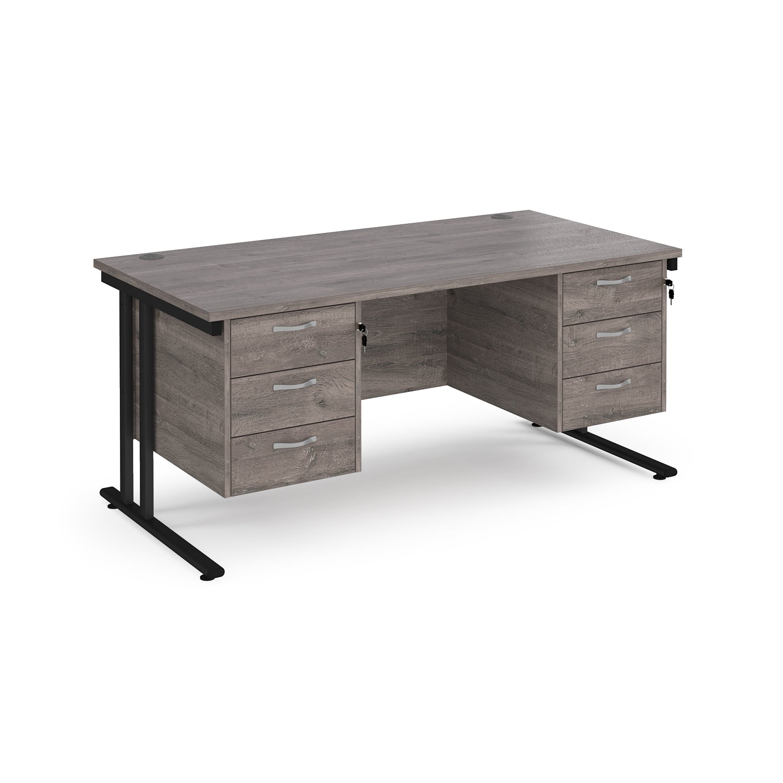 Office desk with grey wood-effect top and two matching pedestals with black frame on a white background