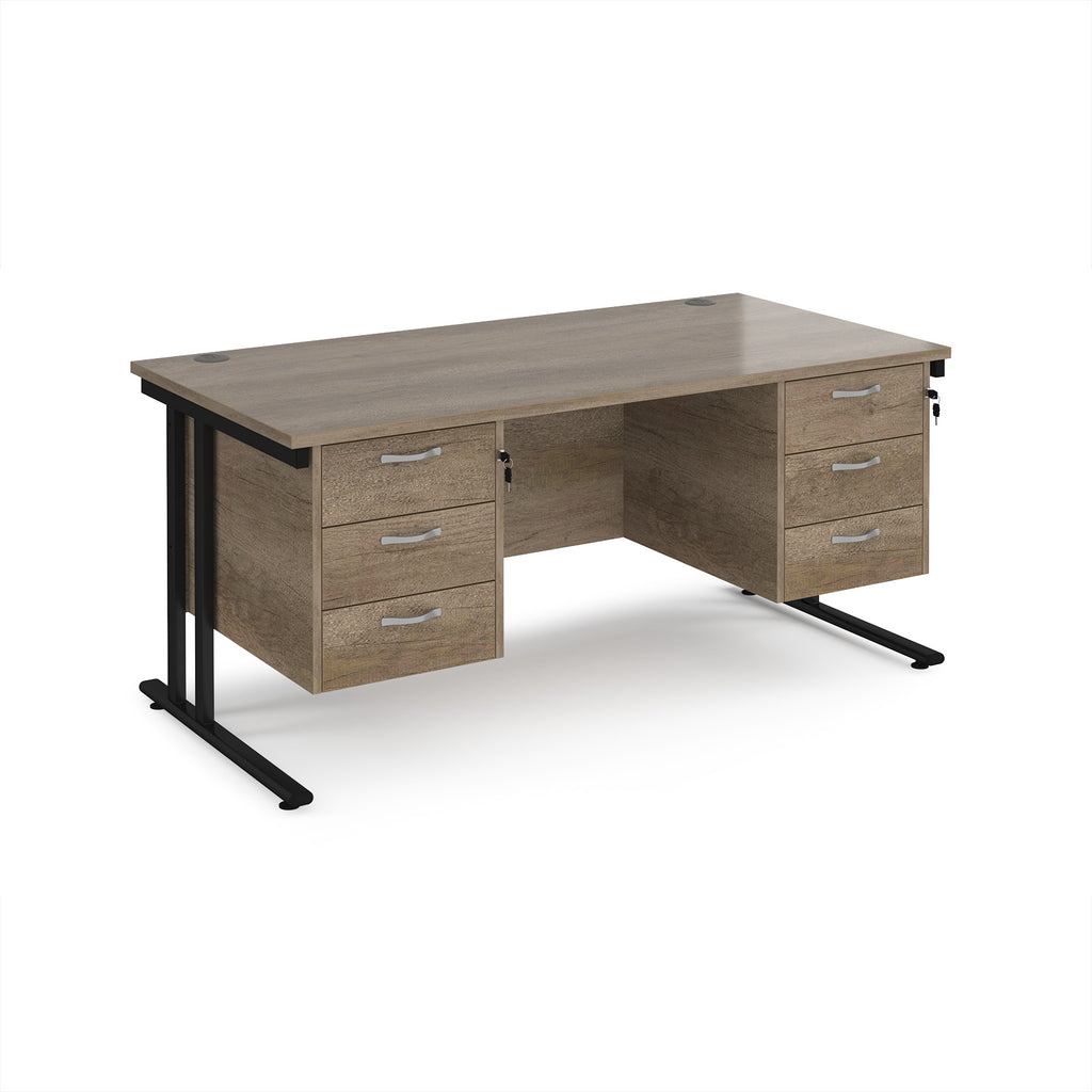 Office desk with wood-effect top and two matching pedestals with black frame on a white background