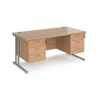 Office desk with wood-effect top and two matching pedestals with silver frame on a white background