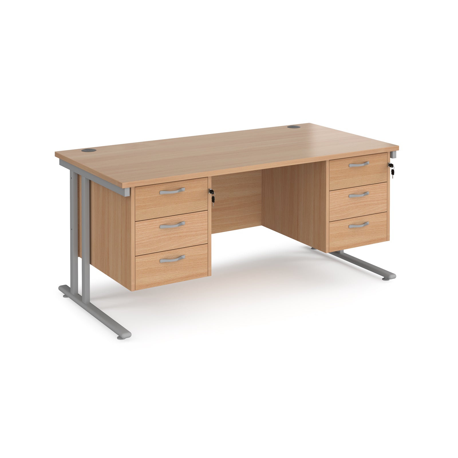 Office desk with wood-effect top and two matching pedestals with silver frame on a white background