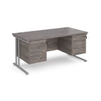 Office desk with grey wood-effect top and two matching pedestals with silver frame on a white background