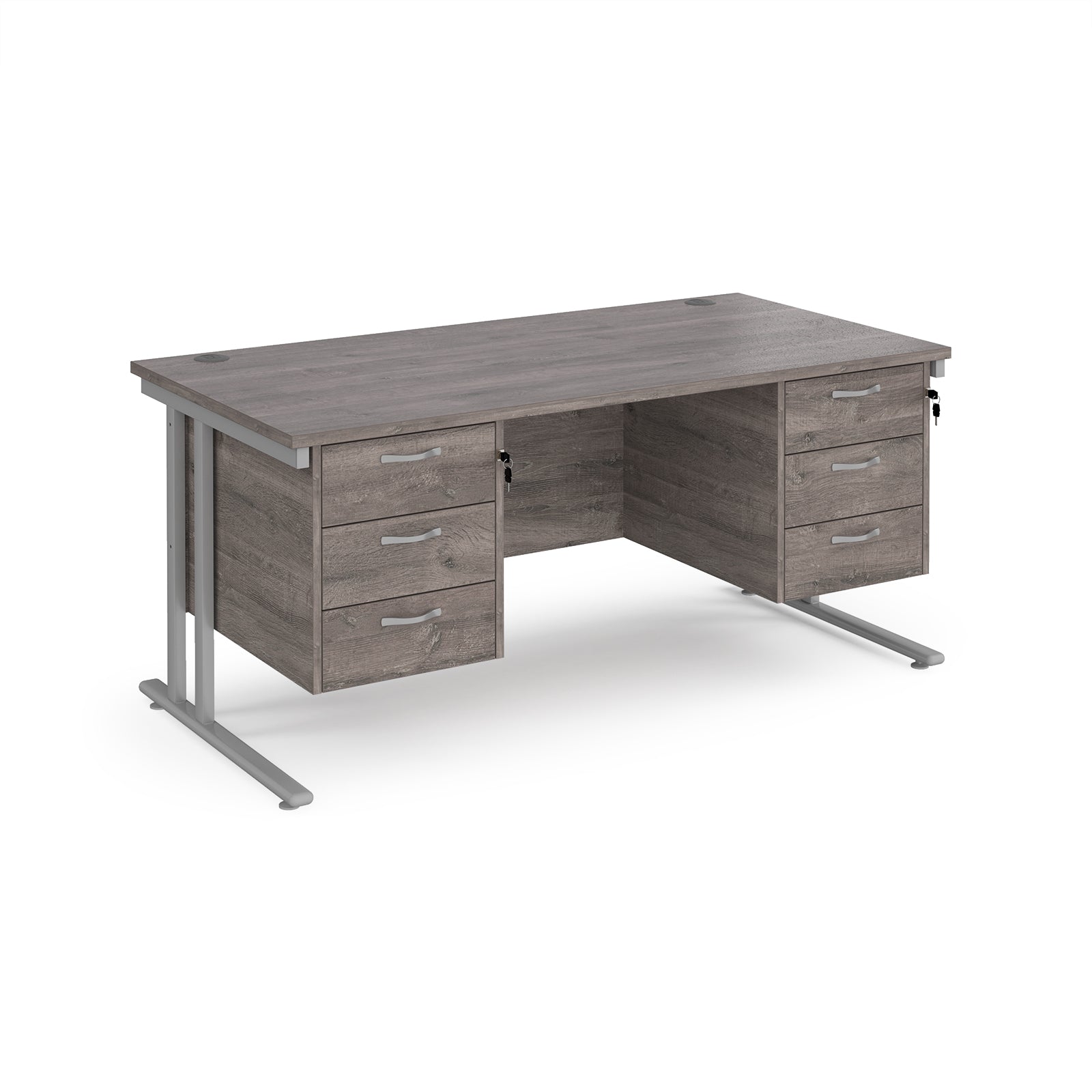 Office desk with grey wood-effect top and two matching pedestals with silver frame on a white background