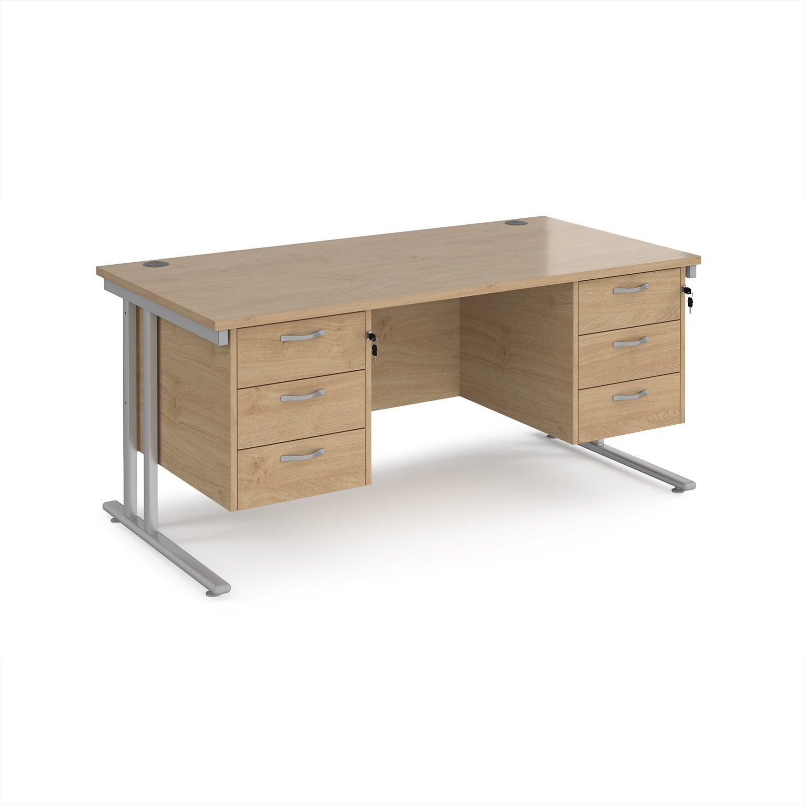 Office desk with wood-effect top and two matching pedestals with silver frame on a white background