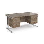 Office desk with wood-effect top and two matching pedestals with silver frame on a white background
