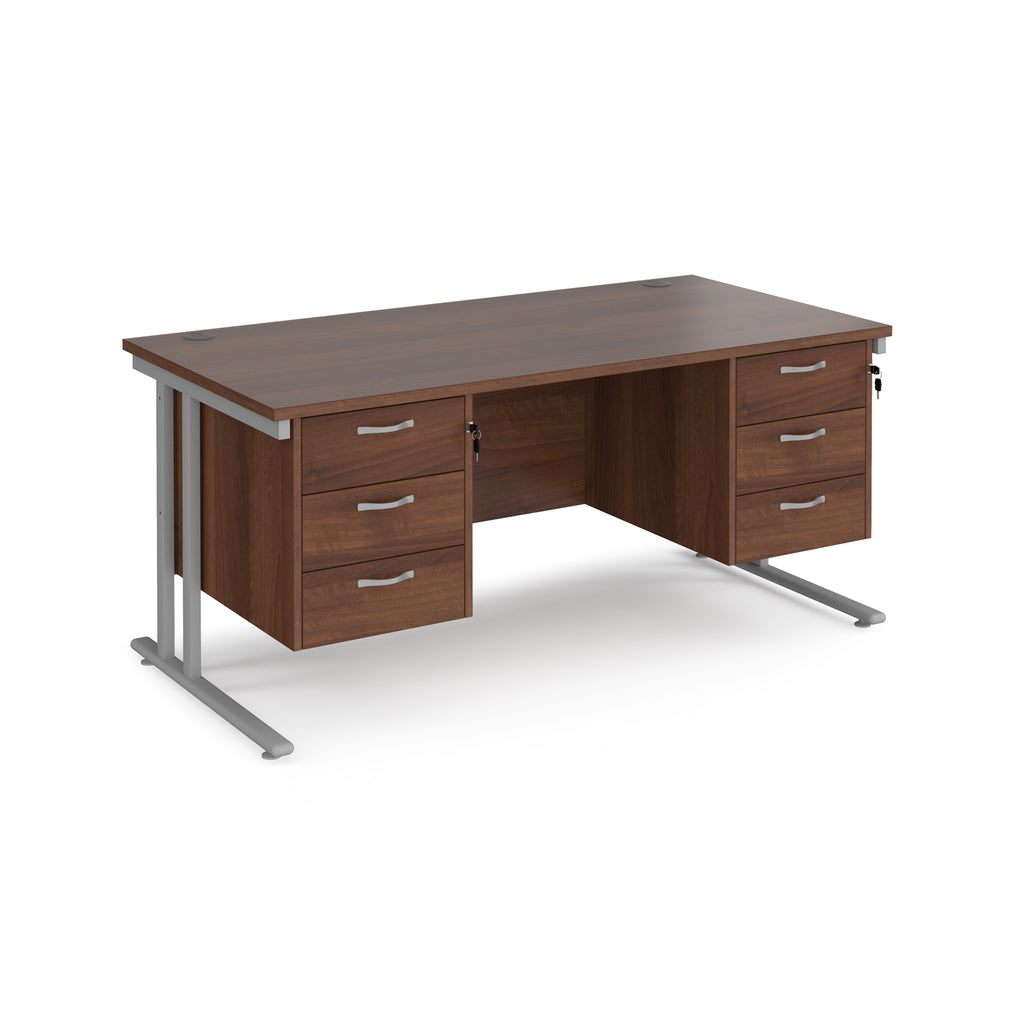 Office desk with wood-effect top and two matching pedestals with silver frame on a white background