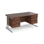 Office desk with wood-effect top and two matching pedestals with silver frame on a white background